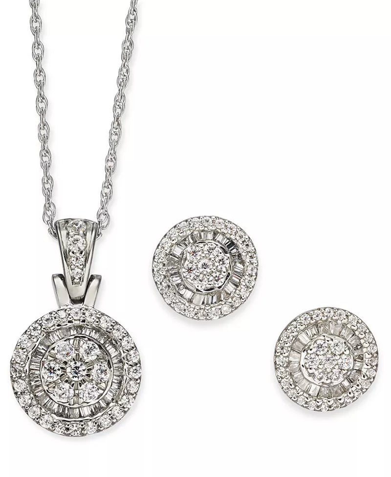  Diamond Halo Heart Cluster Pendant Necklace & Matching Stud Earrings (1 Ct. T.W.) in 10K White Gold 