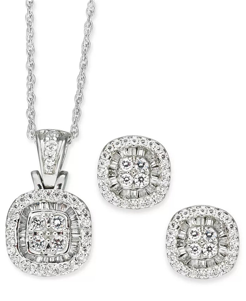  Diamond Halo Heart Cluster Pendant Necklace & Matching Stud Earrings (1 Ct. T.W.) in 10K White Gold 